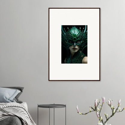 Framed canvas print of a fantastical figure with a green headdress for room decoration