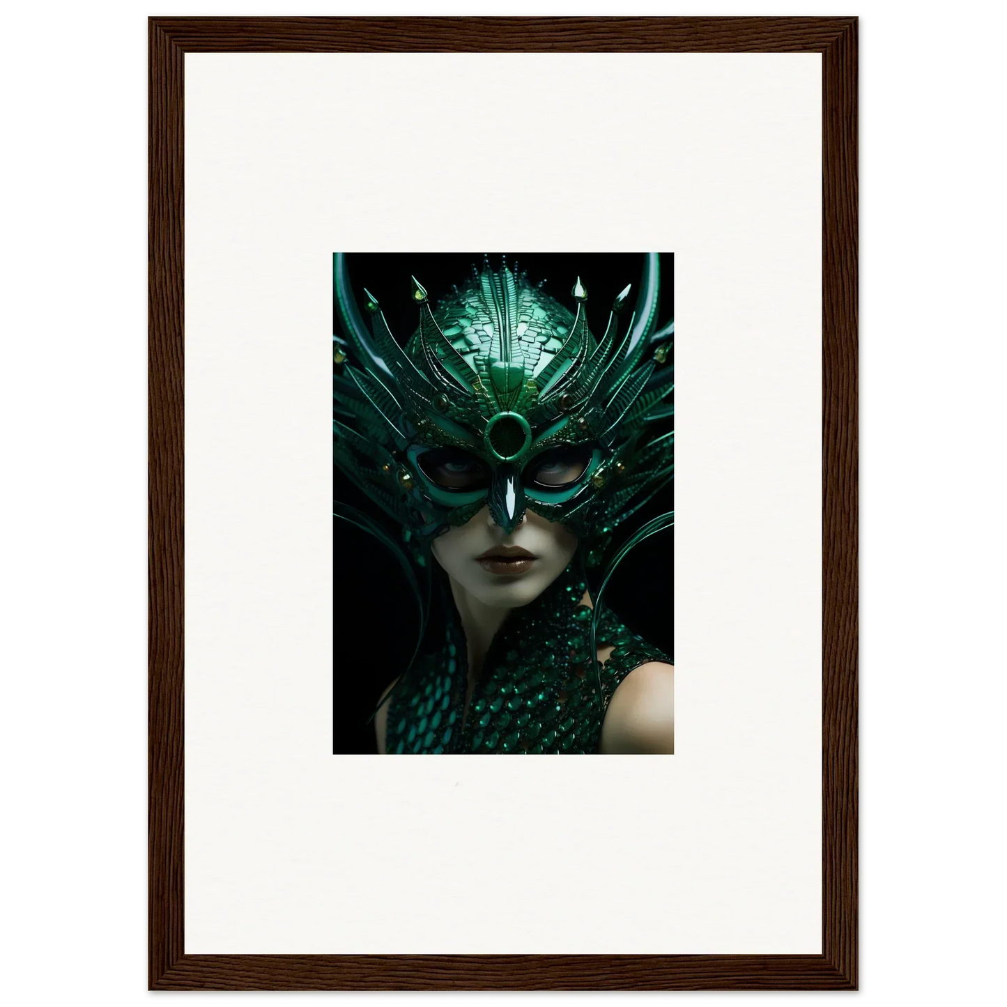 Ornate green mask with feathers for Enigma Enunciations canvas print room decoration