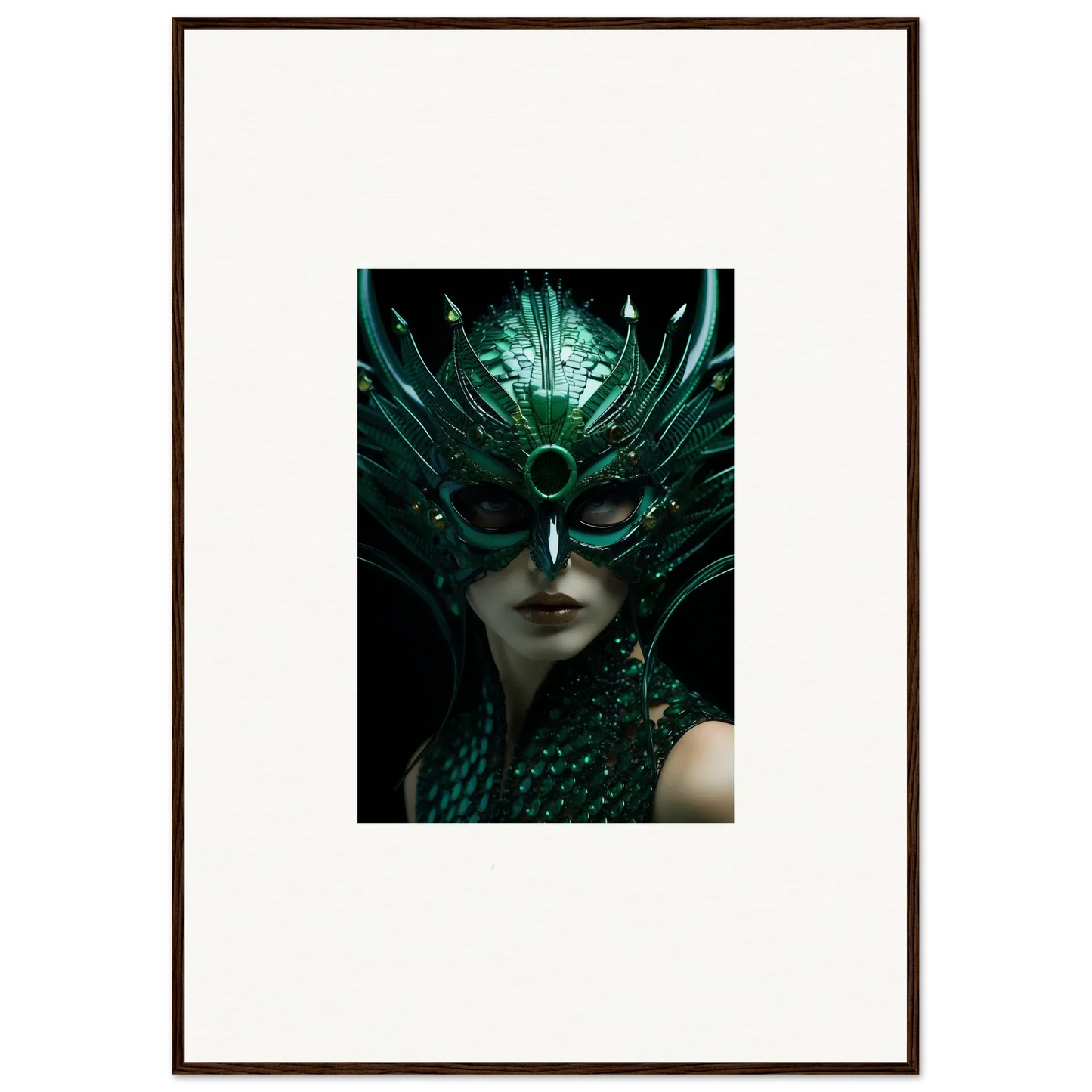 Framed canvas print of a figure in a green mask, perfect for enigma enunciations room decoration