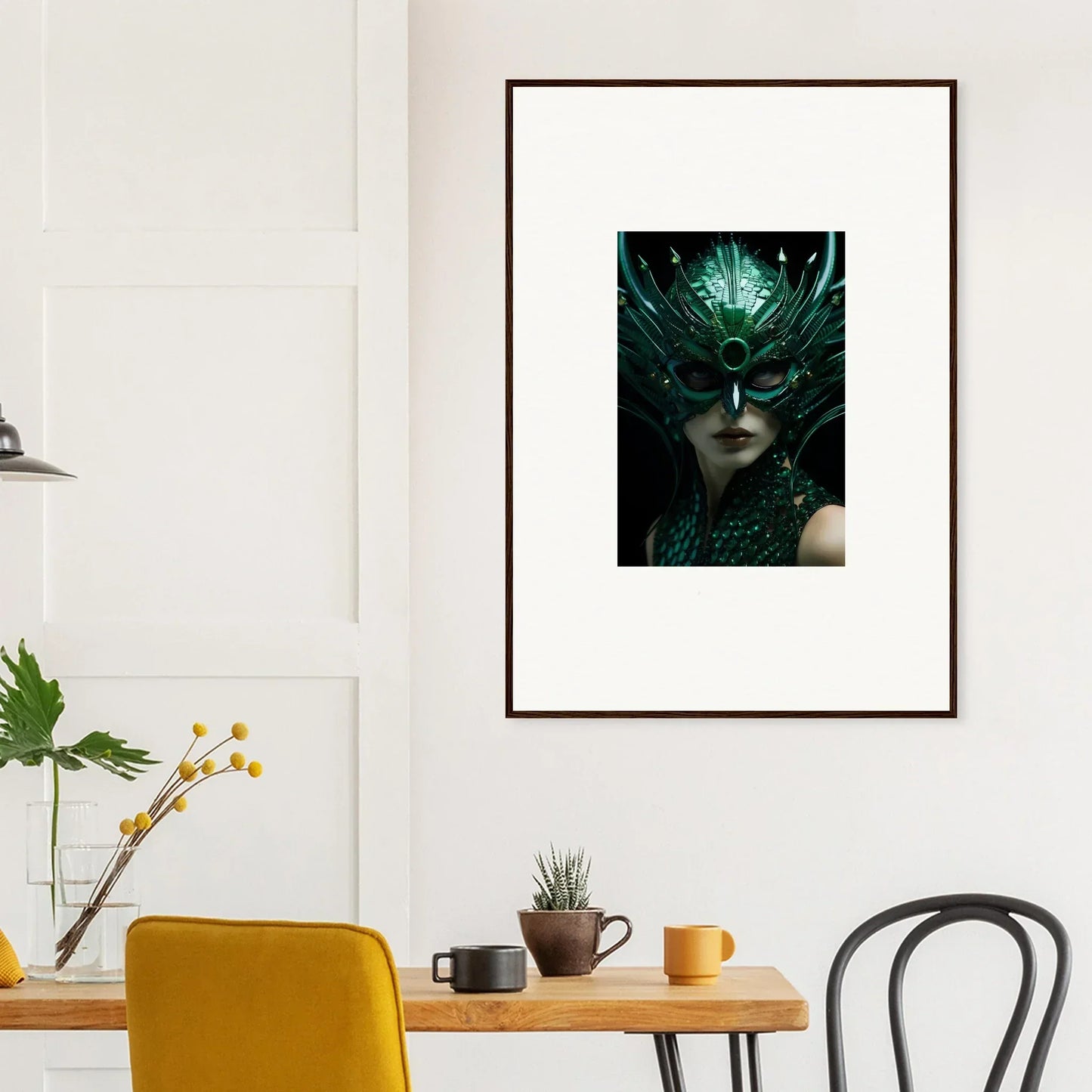 Framed canvas print of Green Enigma Enunciations with a mysterious figure and headdress