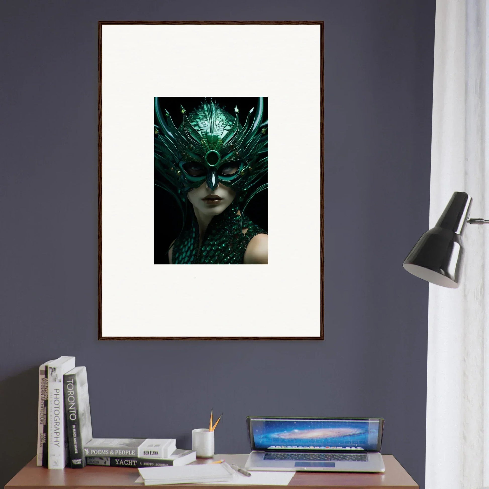 Framed artwork of a green-masked figure, perfect for your Enigma Enunciations room decoration