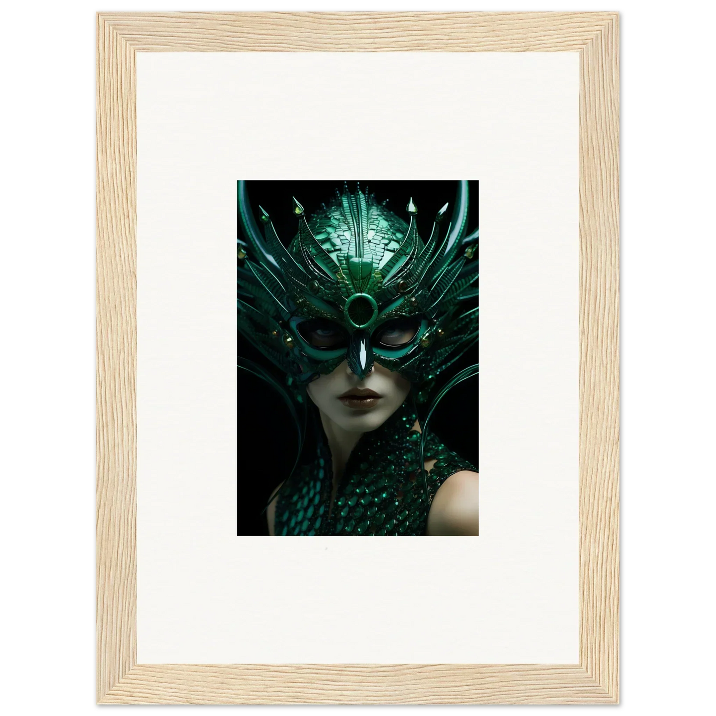 Framed canvas print of a mysterious figure in a green mask for room decoration