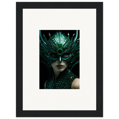 Ornate emerald green mask with feathers for Enigma Enunciations room decoration canvas print