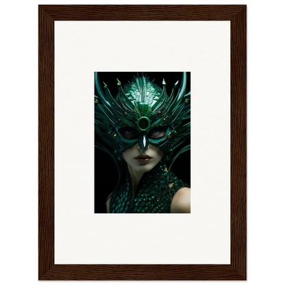 Framed canvas print featuring an enigma enunciations figure with a green mask