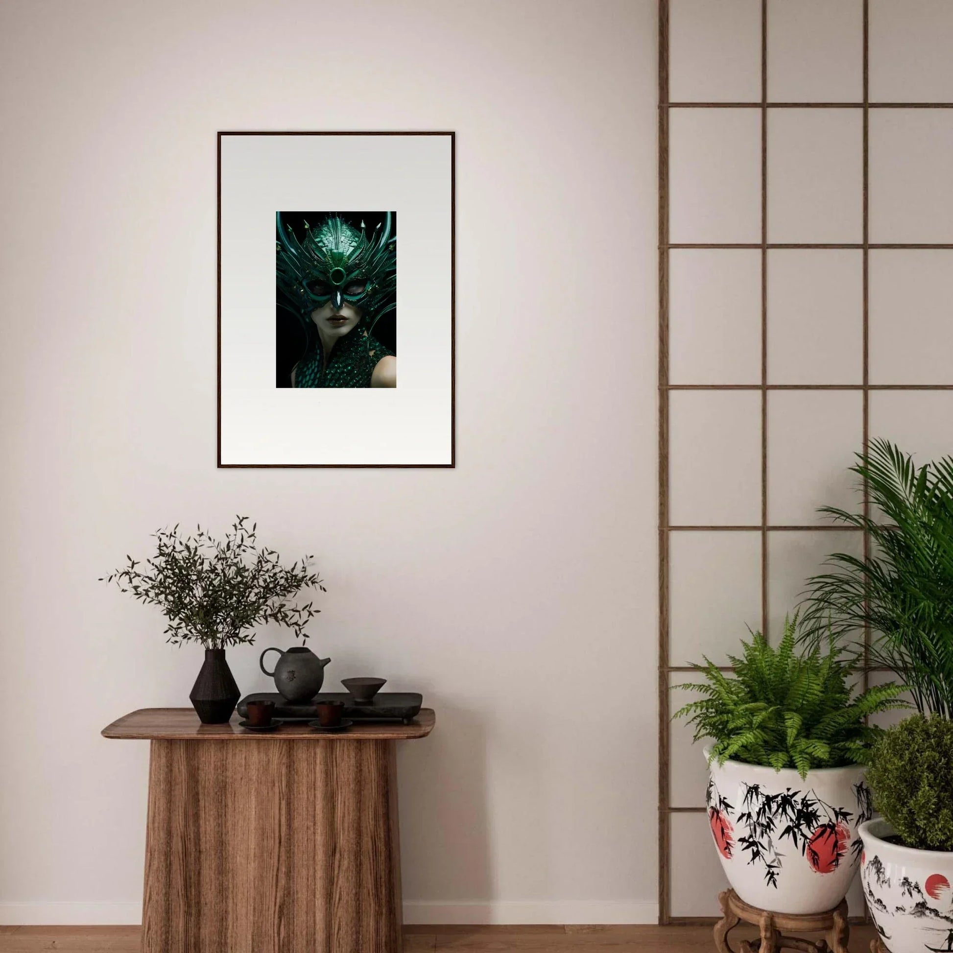 Framed canvas print of a dark figure with glowing eyes for Enigma Enunciations room decoration