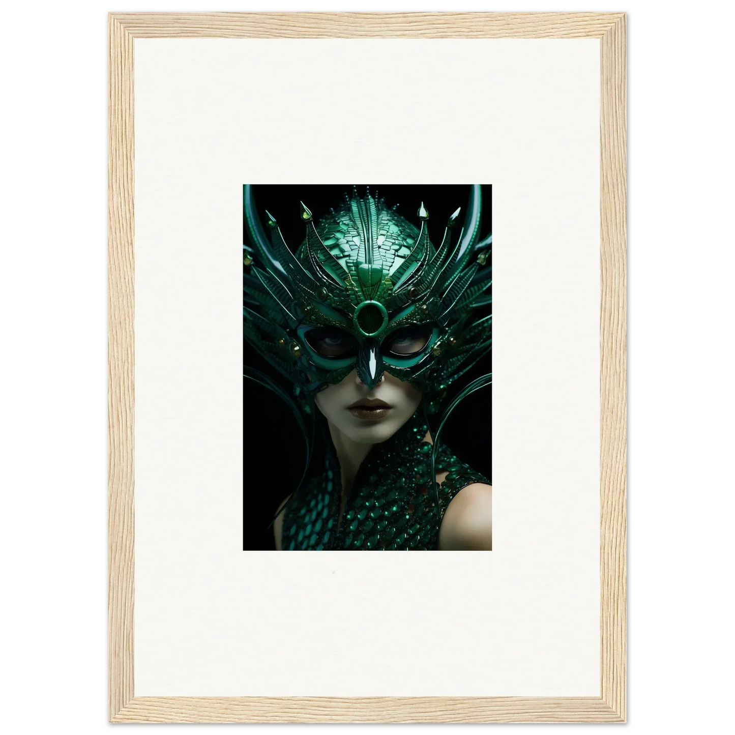 Ornate green mask with feathers, perfect for Enigma Enunciations room decoration canvas print