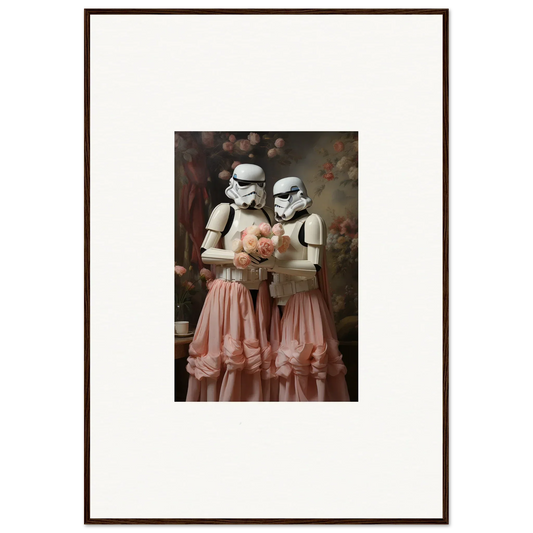 Framed artwork depicting two Stormtroopers wearing pink tutus and holding a heart.