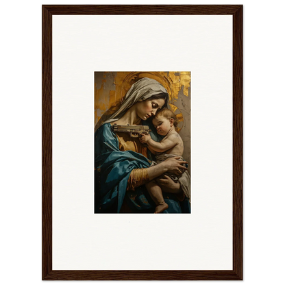 Framed wall art of a woman in blue robes with a baby, perfect for Saints Harmony room decor