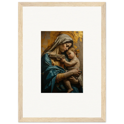 Framed wall art of a woman in blue robes with a baby for Saints Harmony room decor