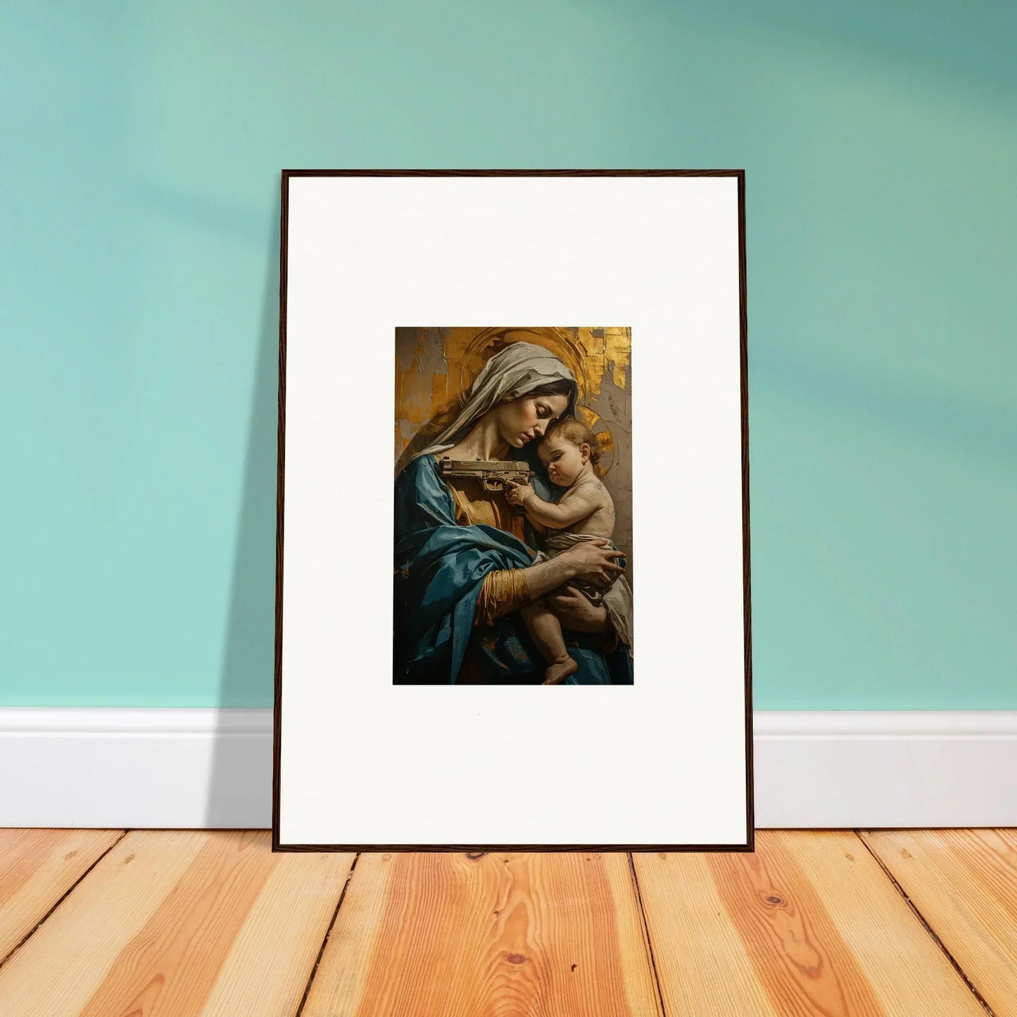 Framed wall art of a woman embracing a child, perfect for Saints Harmony room decor