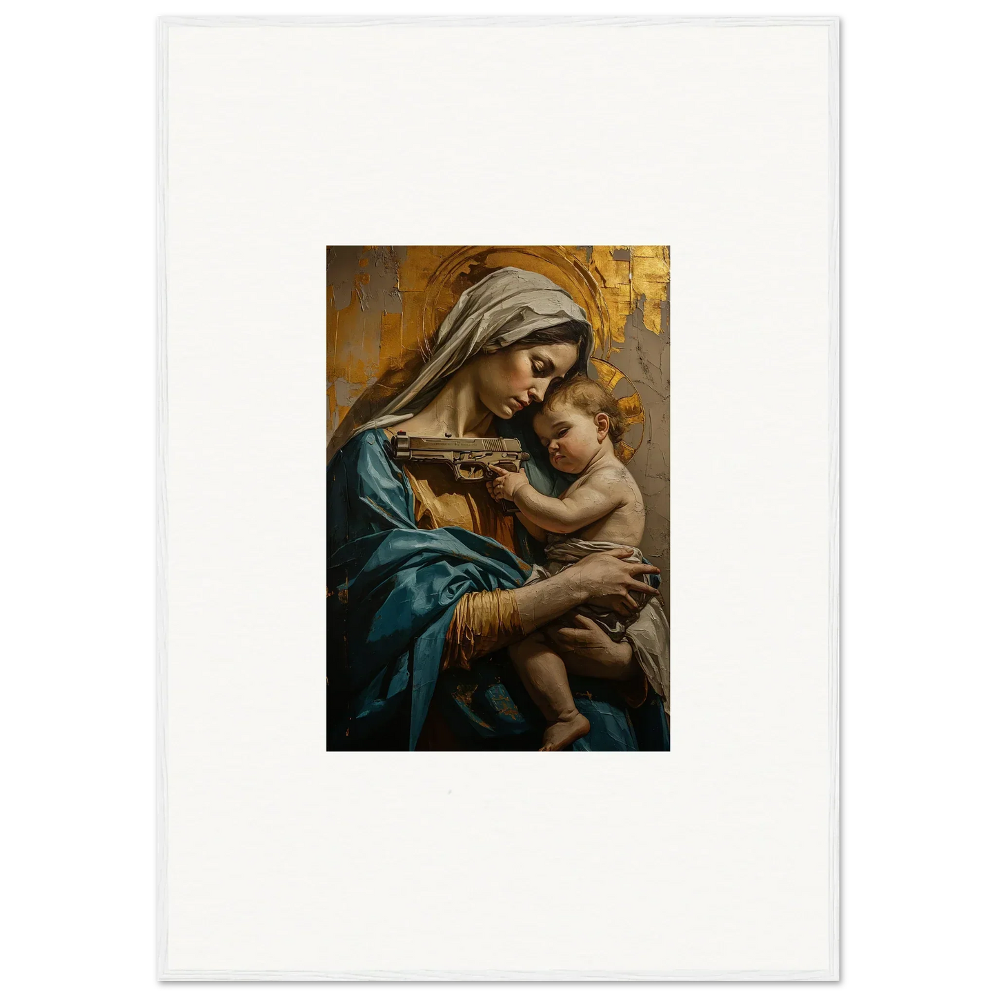 Painting of a woman in blue robes holding a baby, perfect for Saints Harmony room decor