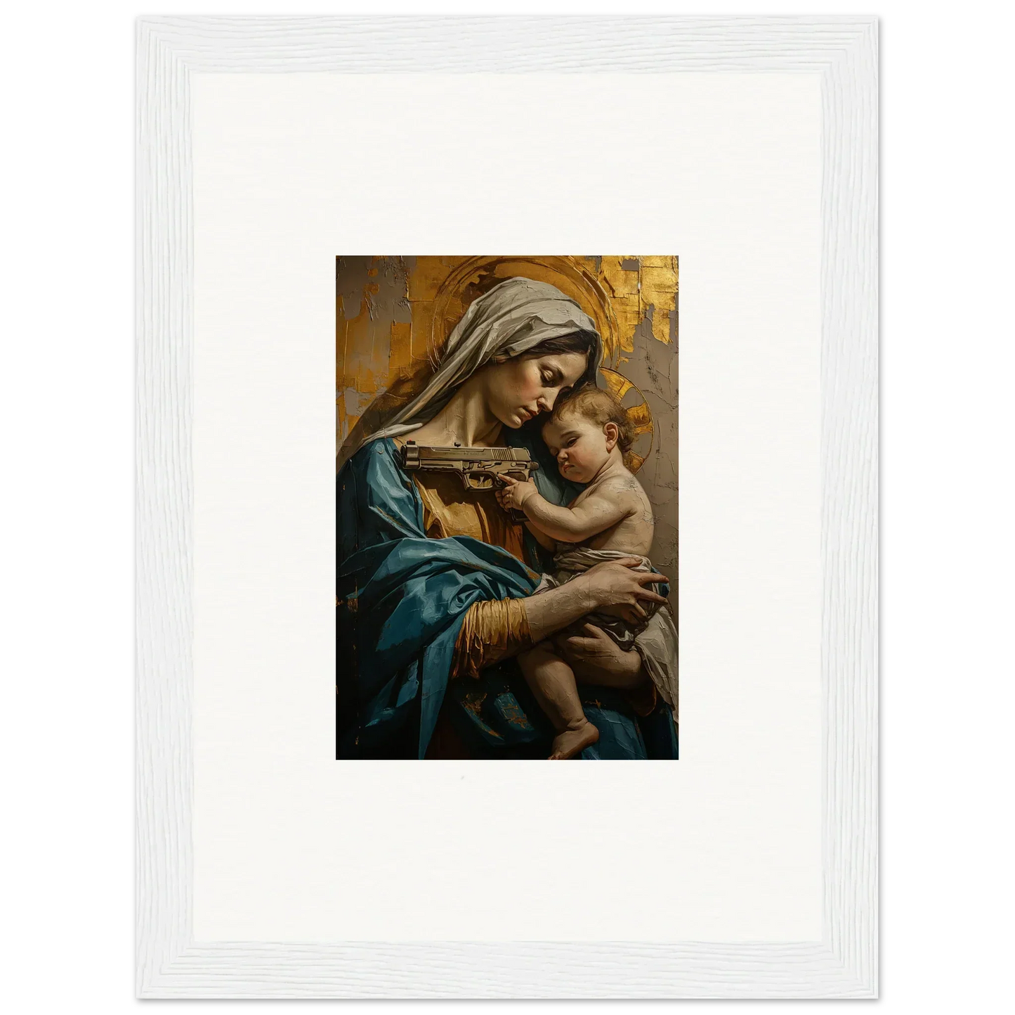 Painting of a woman in blue robes with a baby, perfect for Saints Harmony room decor