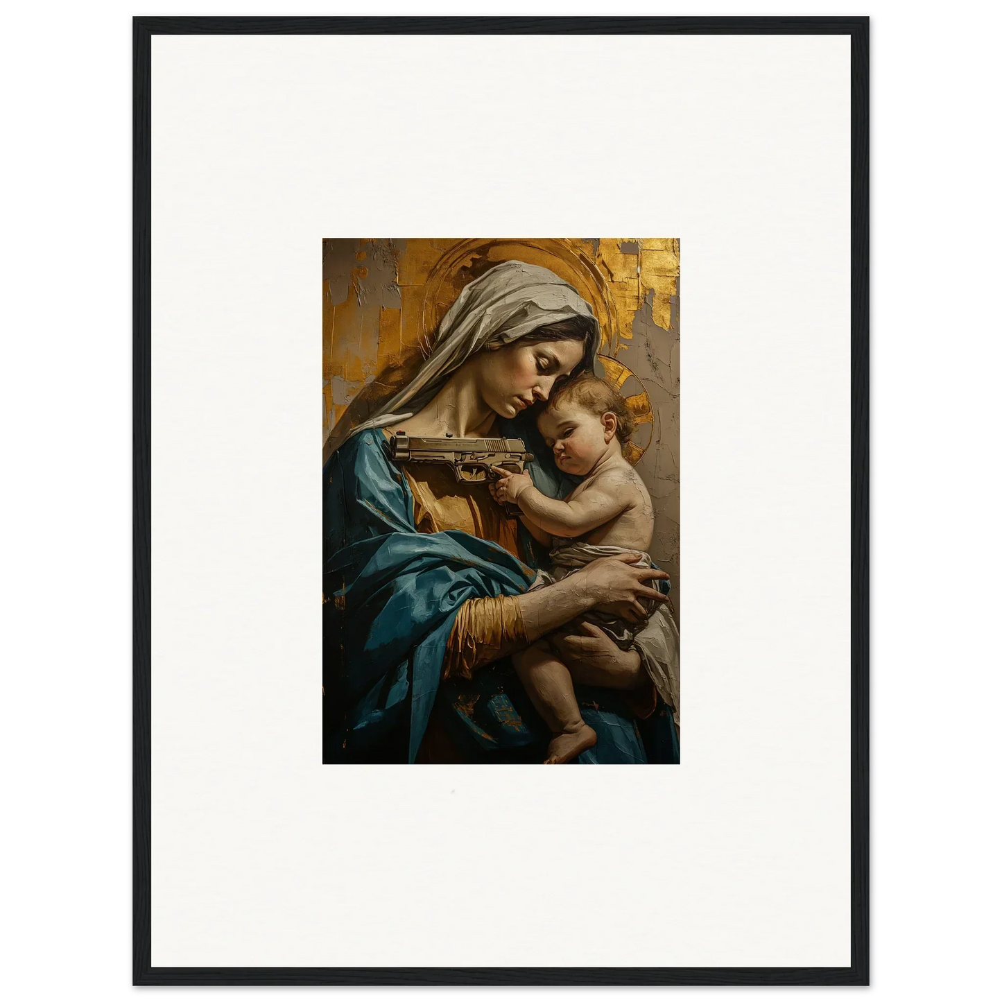 Framed wall art of a woman in blue robes holding a baby for Saints Harmony room decor