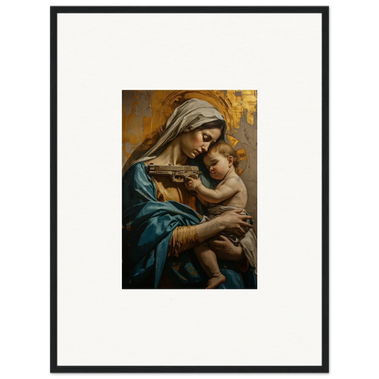 Framed wall art of a woman in blue robes holding a baby for Saints Harmony room decor