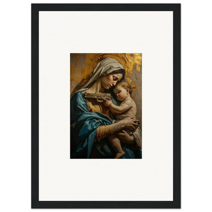 Framed wall art of a woman in blue robes and baby for Saints Harmony room decor