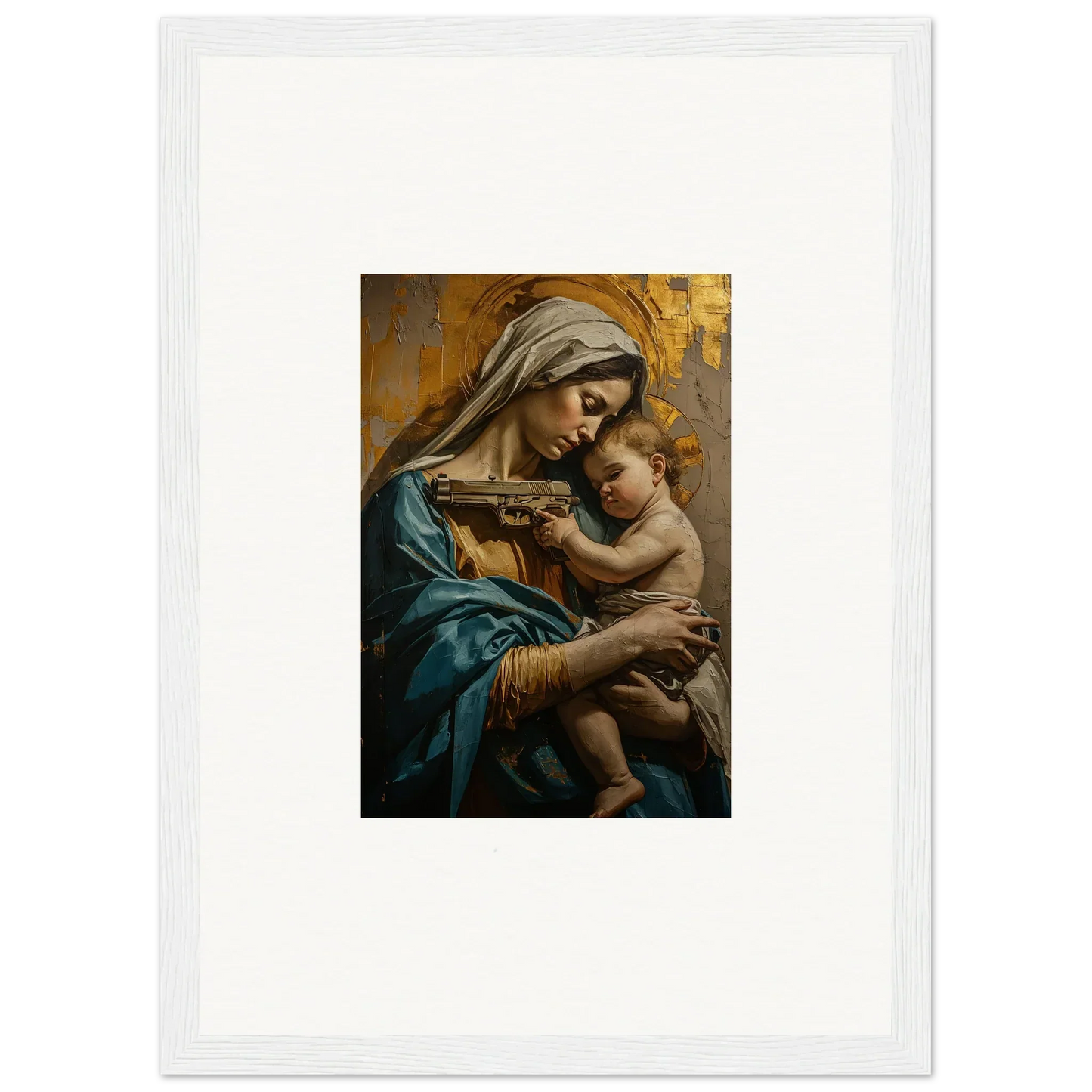 Framed wall art of a woman in blue robes with a baby for Saints Harmony room decor