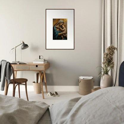 Framed wall art of saints harmony showing a figure embracing a child for room decor