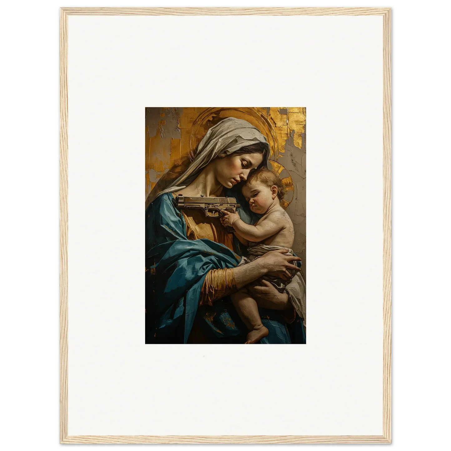 Framed wall art of a woman in blue robes with a baby for Saints Harmony room decor