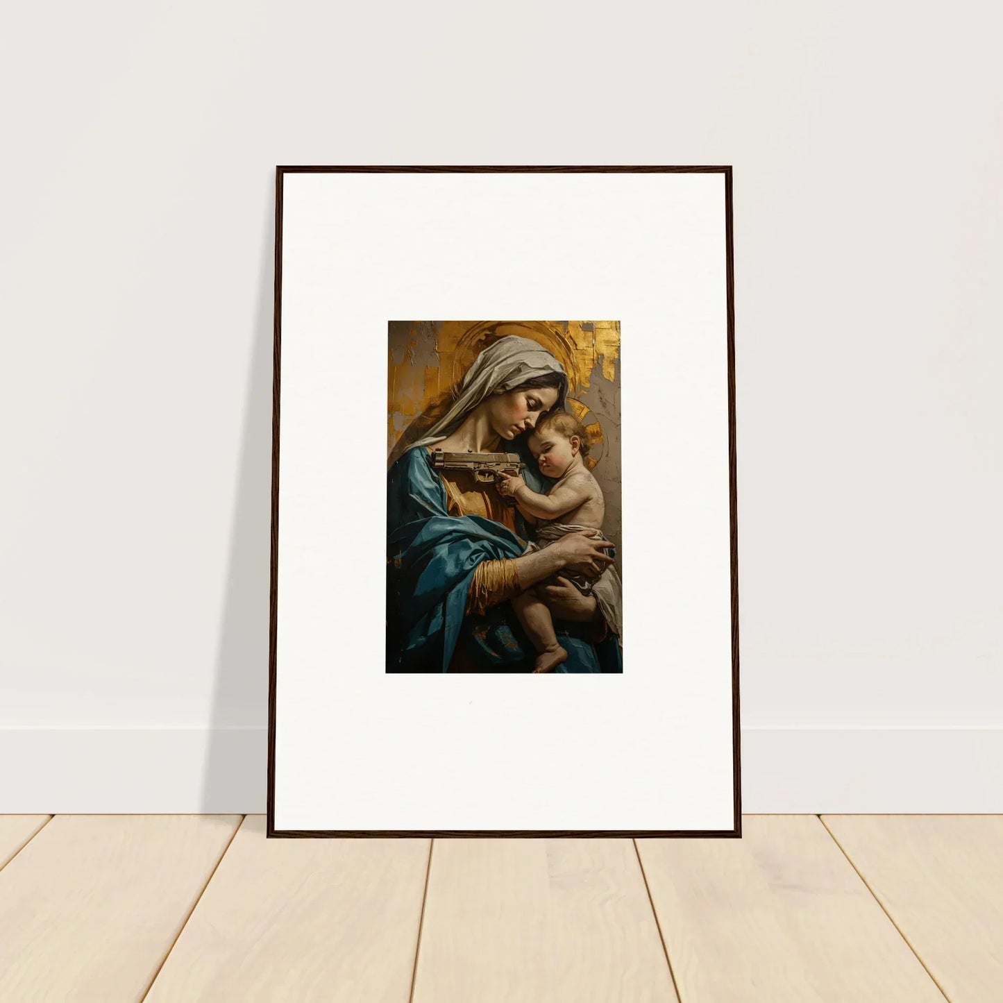 Framed wall art of a woman in blue robes holding a baby for Saints Harmony room decor