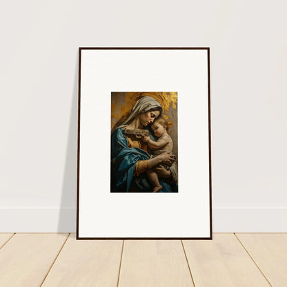 Framed wall art of a woman in blue robes holding a baby for Saints Harmony room decor