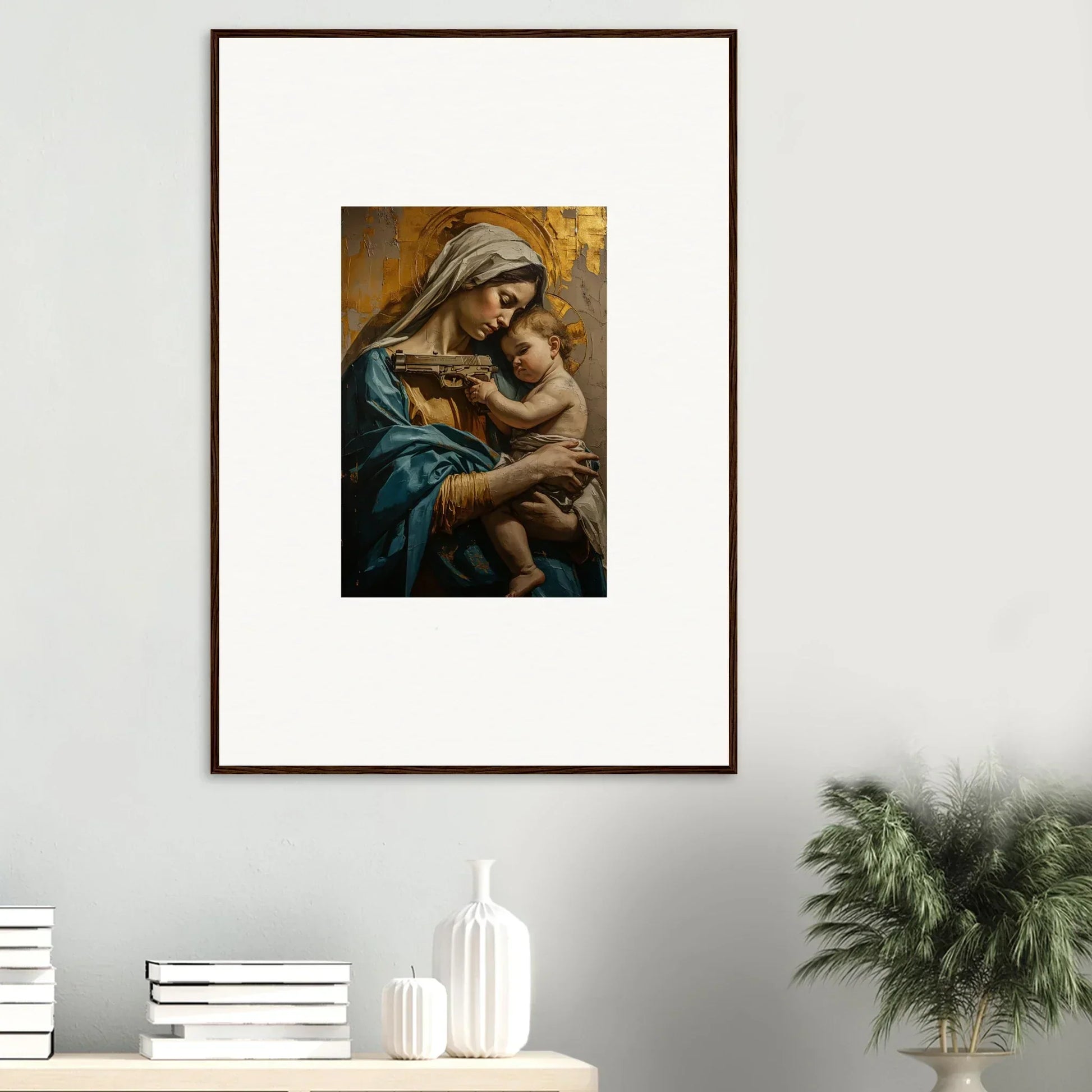 Framed wall art of a woman embracing a child, ideal for Saints Harmony room decor