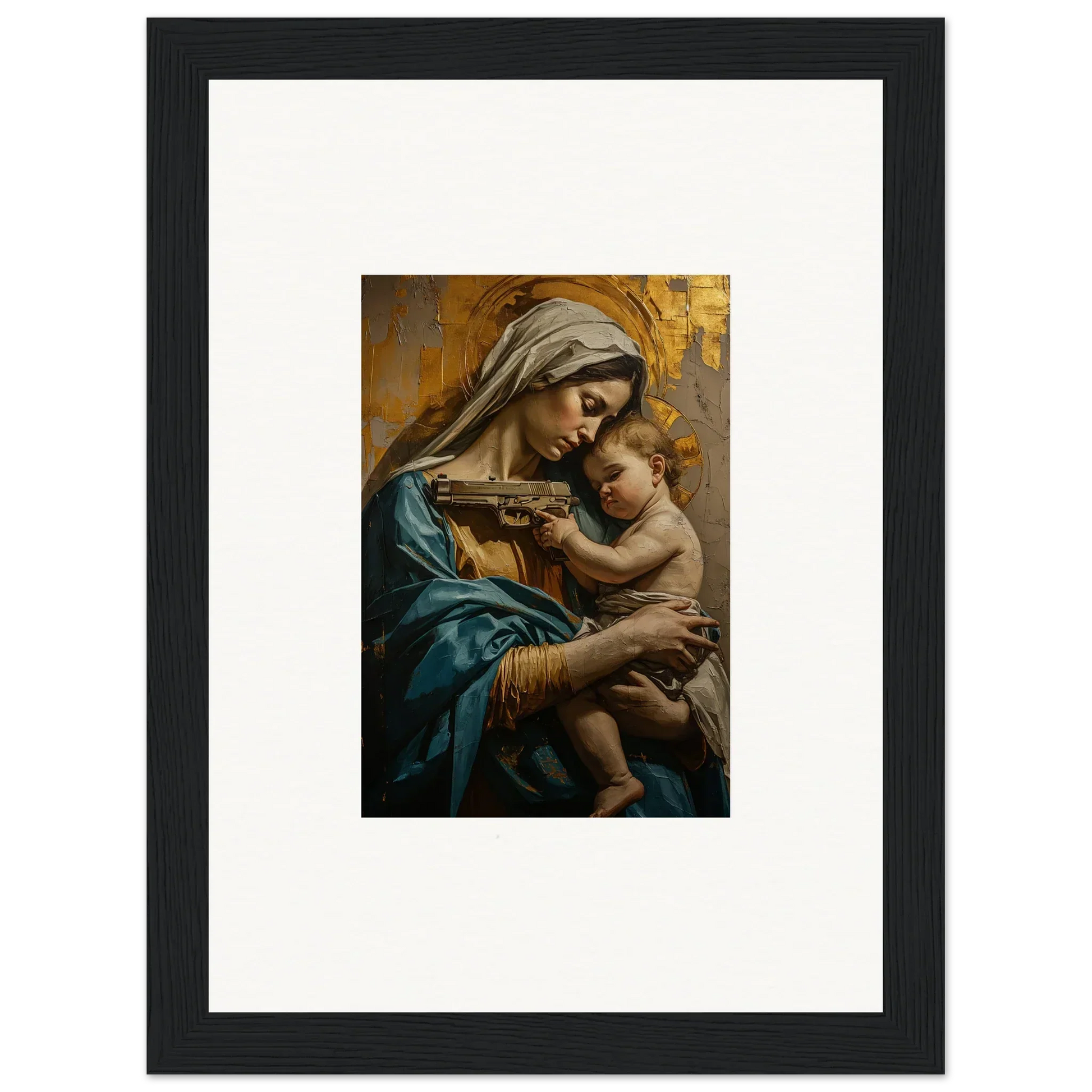 Framed wall art of a woman in blue robes with a baby, perfect for Saints Harmony room decor