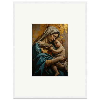 Painting of a woman in blue robes with a baby, perfect for Saints Harmony room decor