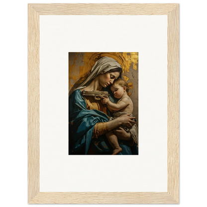 Framed wall art of a woman in blue robes symbolizes Saints Harmony for elegant room decor