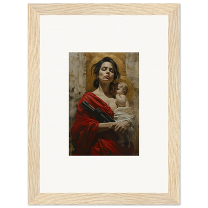 Framed wall art of a woman in red holding a child, perfect for room decor