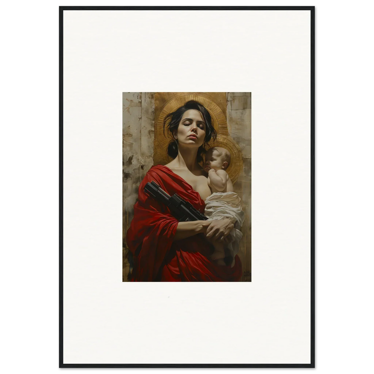 Framed wall art of a woman in a red robe with a baby, perfect for room decor