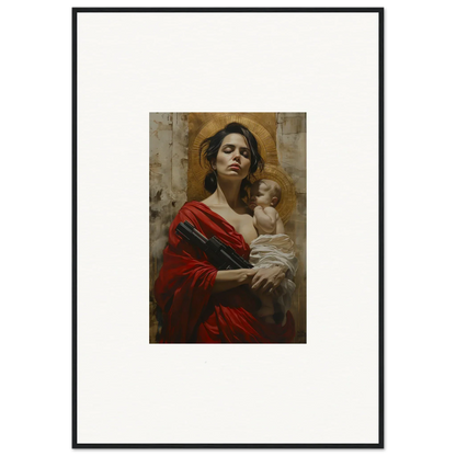 Framed wall art of a woman in a red robe with a baby, perfect for room decor