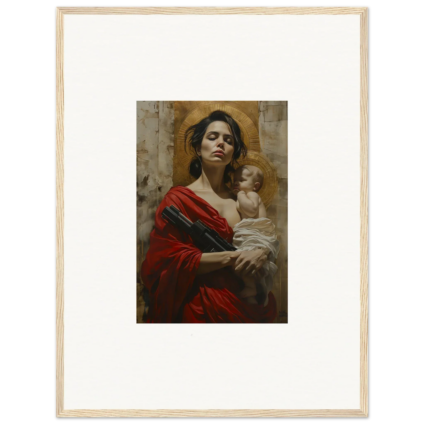 Framed wall art of a woman in a red robe with a baby, perfect for room decor