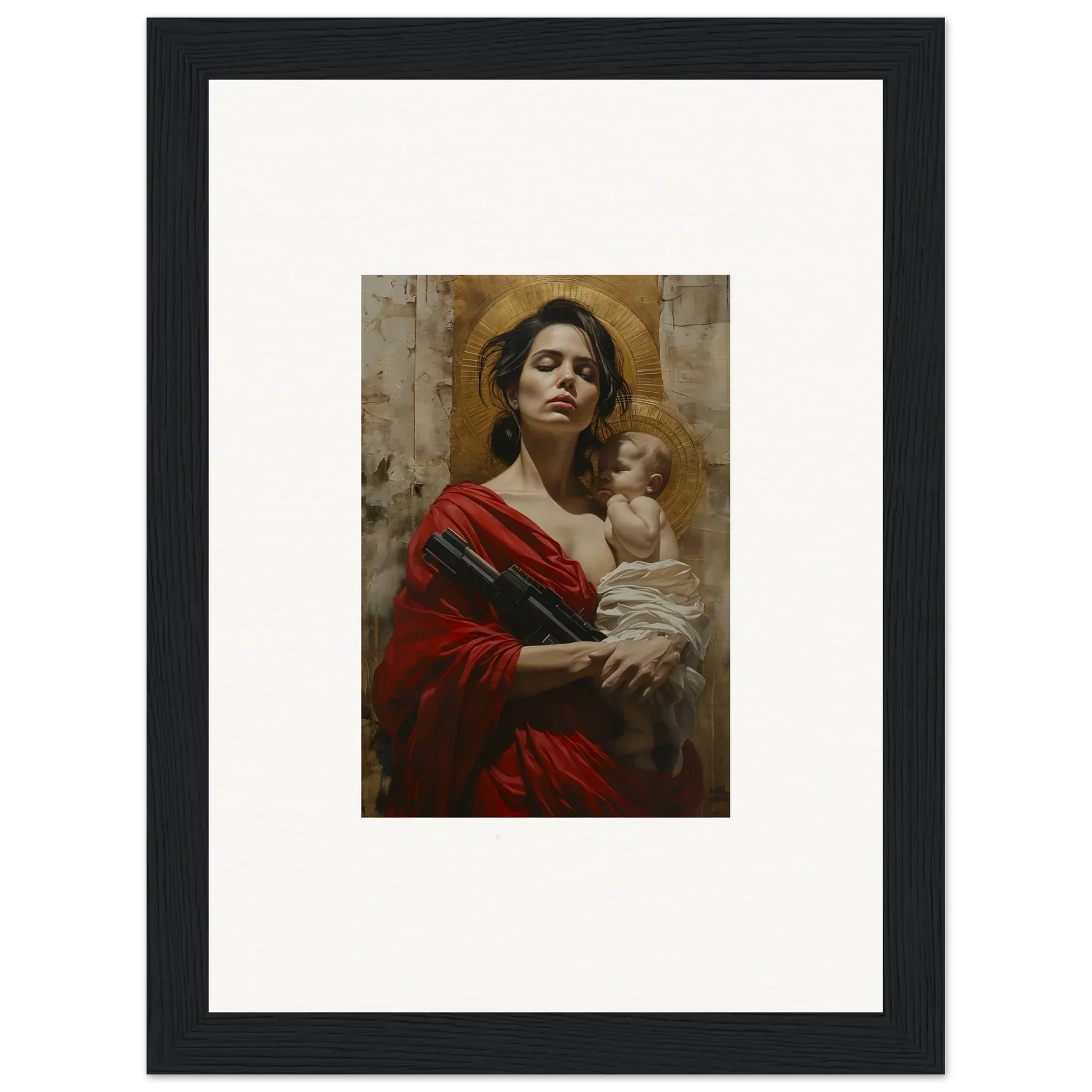 Framed wall art of a woman in a red robe holding a baby for elegant room decor