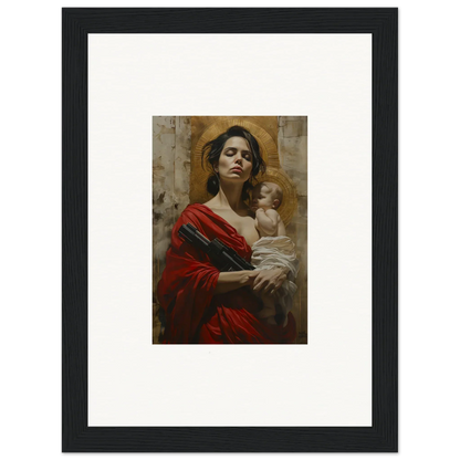 Framed wall art of a woman in a red robe holding a baby for elegant room decor