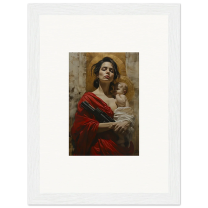 Painting of a woman in a red robe holding a baby, perfect for room decor or canvas prints