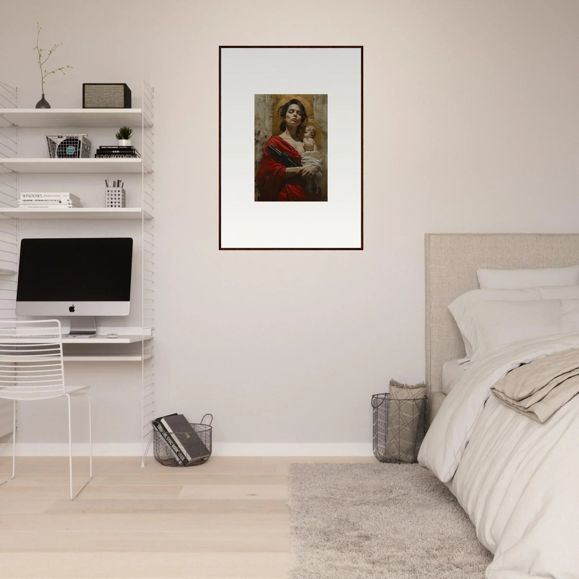 Framed wall art of a person in red clothing for unique room decor