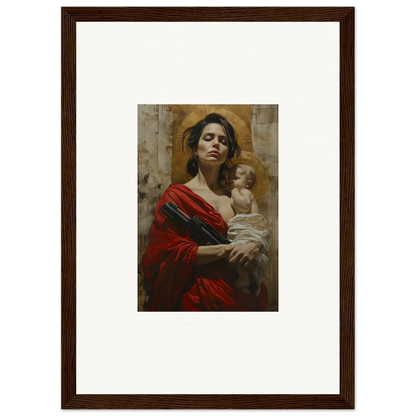 Framed wall art of a woman in a red robe with a baby, perfect for room decor