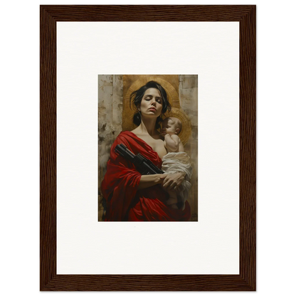 Framed wall art of a woman in red holding a baby, ideal for room decor