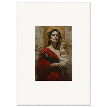 Painting of a woman in a red robe holding a baby, perfect for room decor and canvas prints