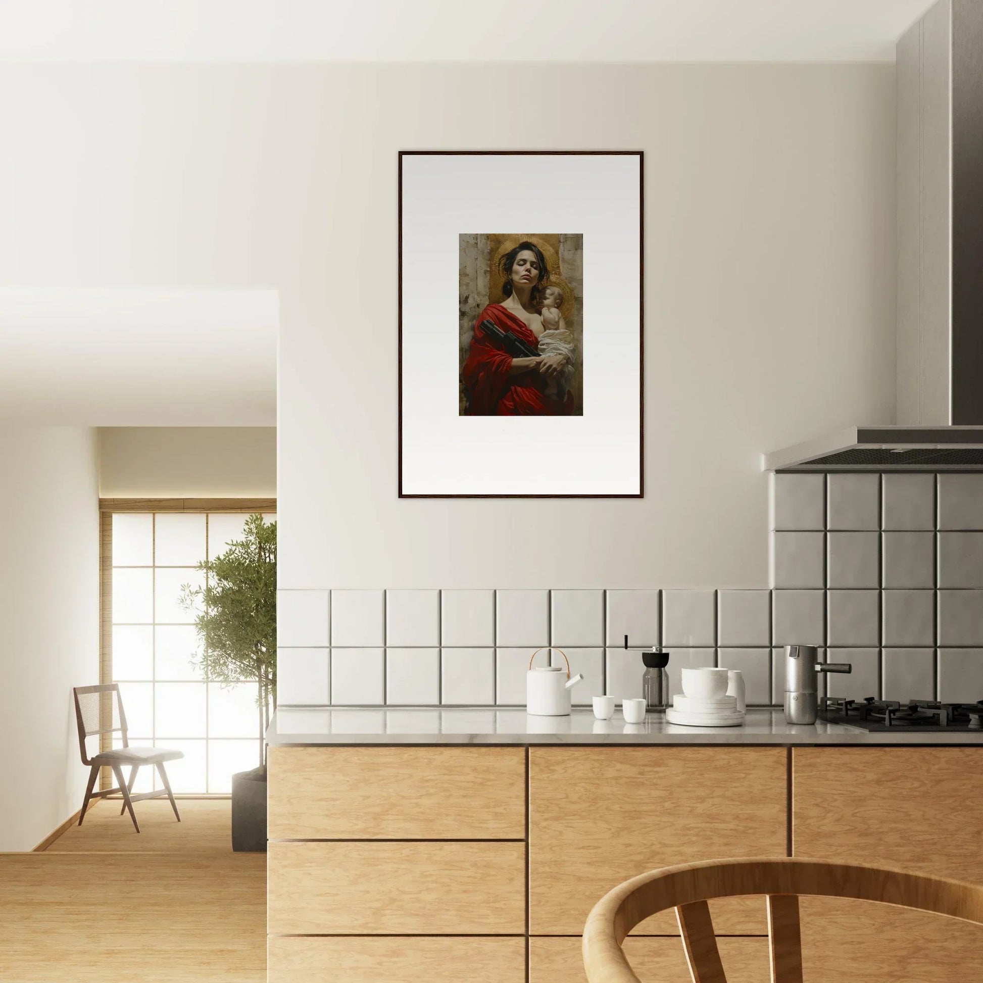 Framed wall art of a person in red clothing, ideal for stylish room decor