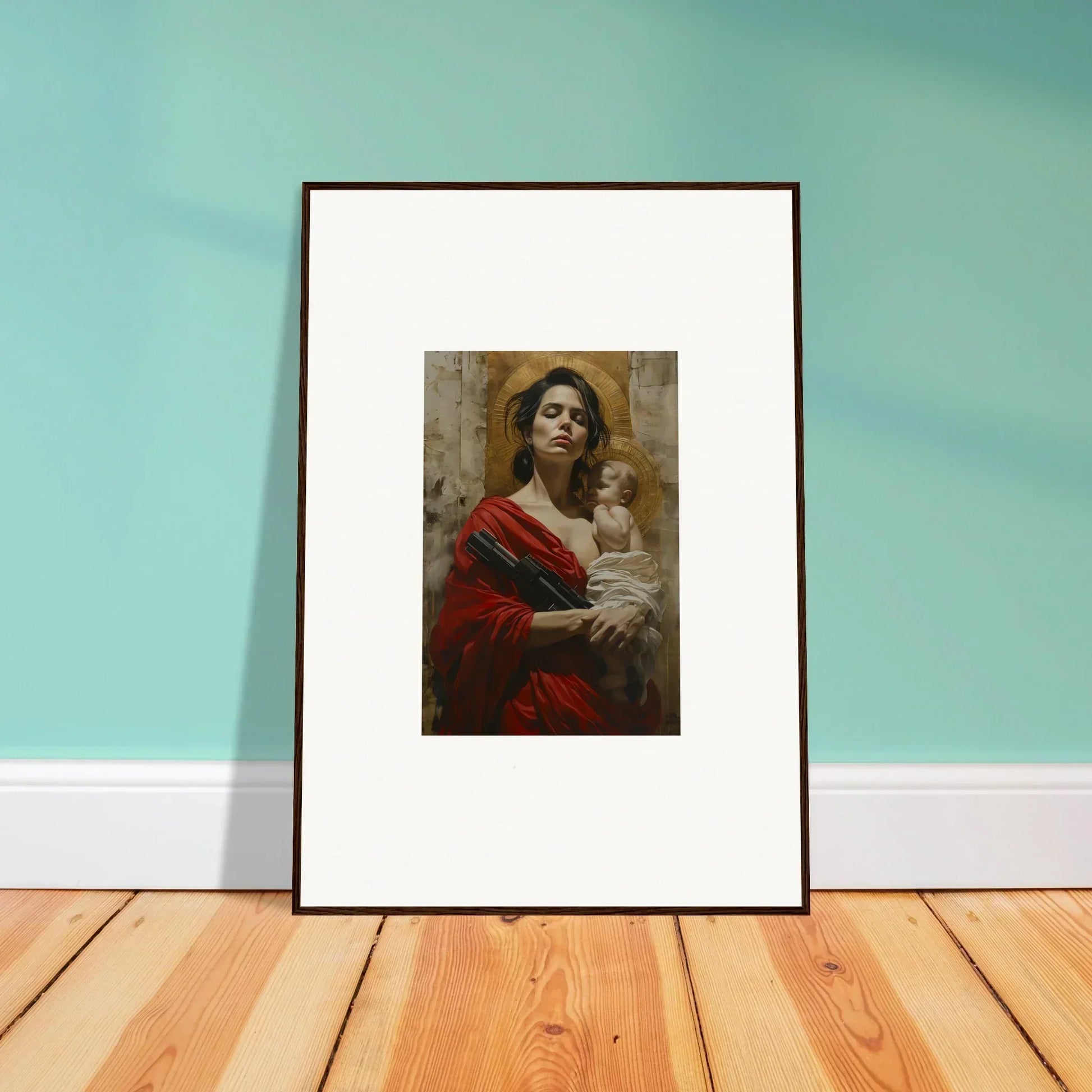 Framed wall art featuring a woman in red with a baby, perfect for room decor