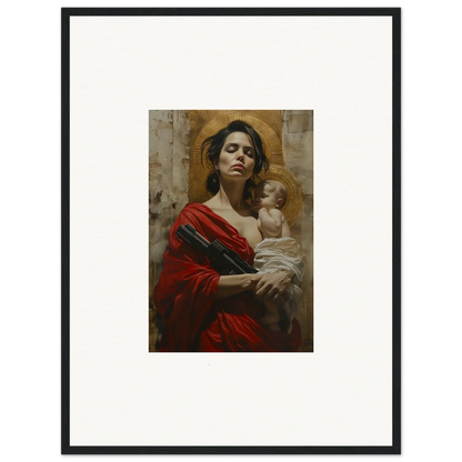 Framed wall art of a woman in a red robe holding a child for elegant room decor