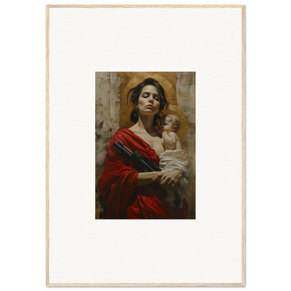 Painting of a woman in a red robe holding a baby for elegant room decor or wall art