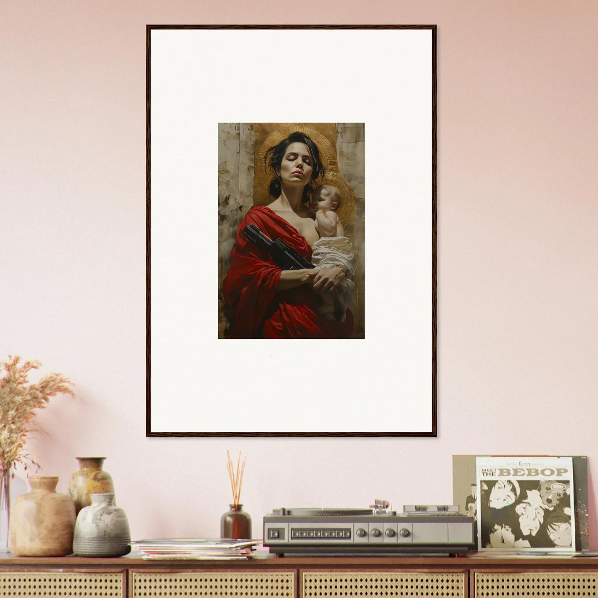 Framed wall art of woman in red holding baby, perfect for room decor or canvas prints