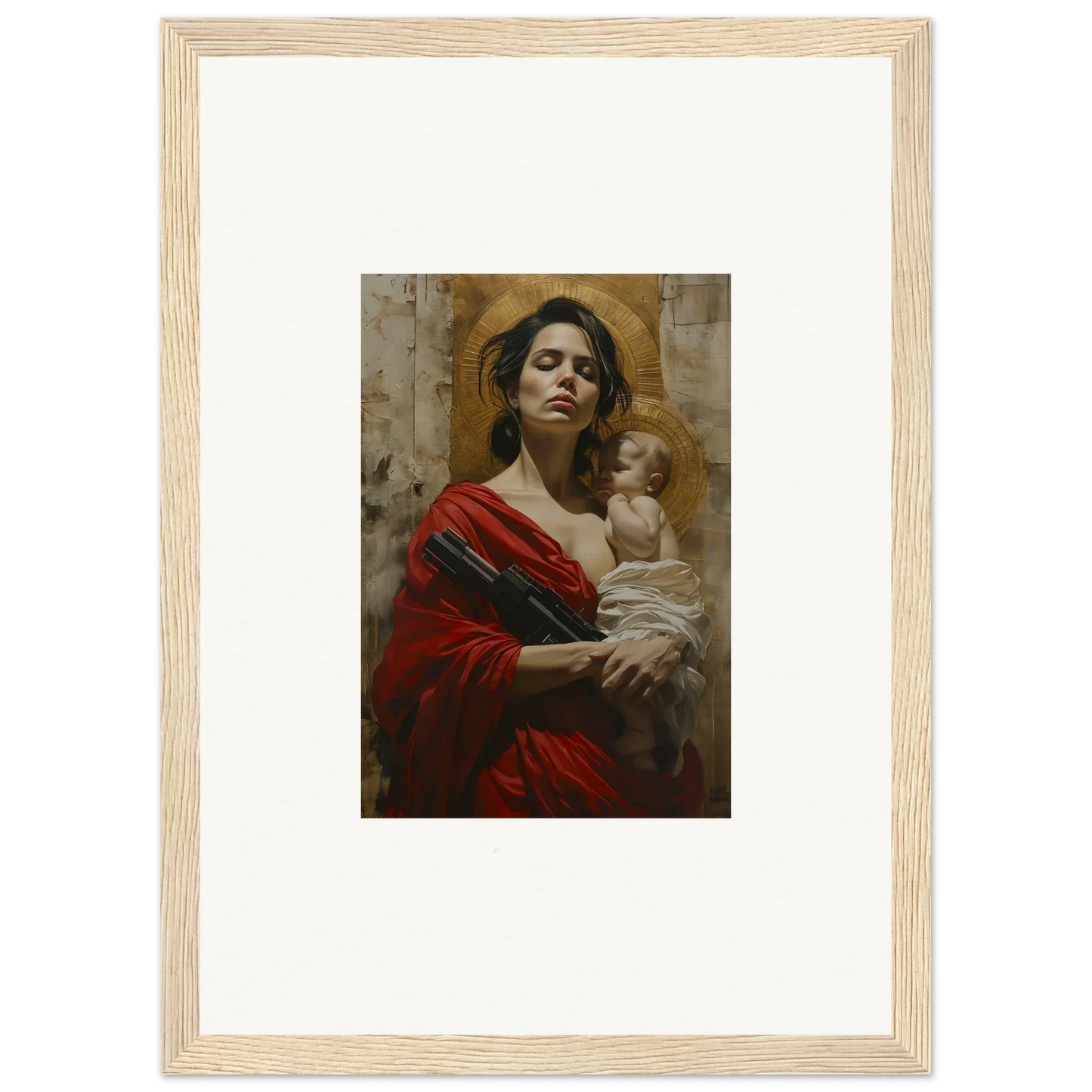 Framed wall art featuring a woman in red holding a baby, perfect for room decor