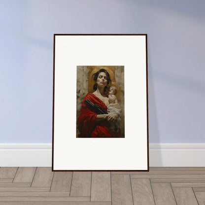 Framed wall art of a woman in red with a child, perfect for room decor