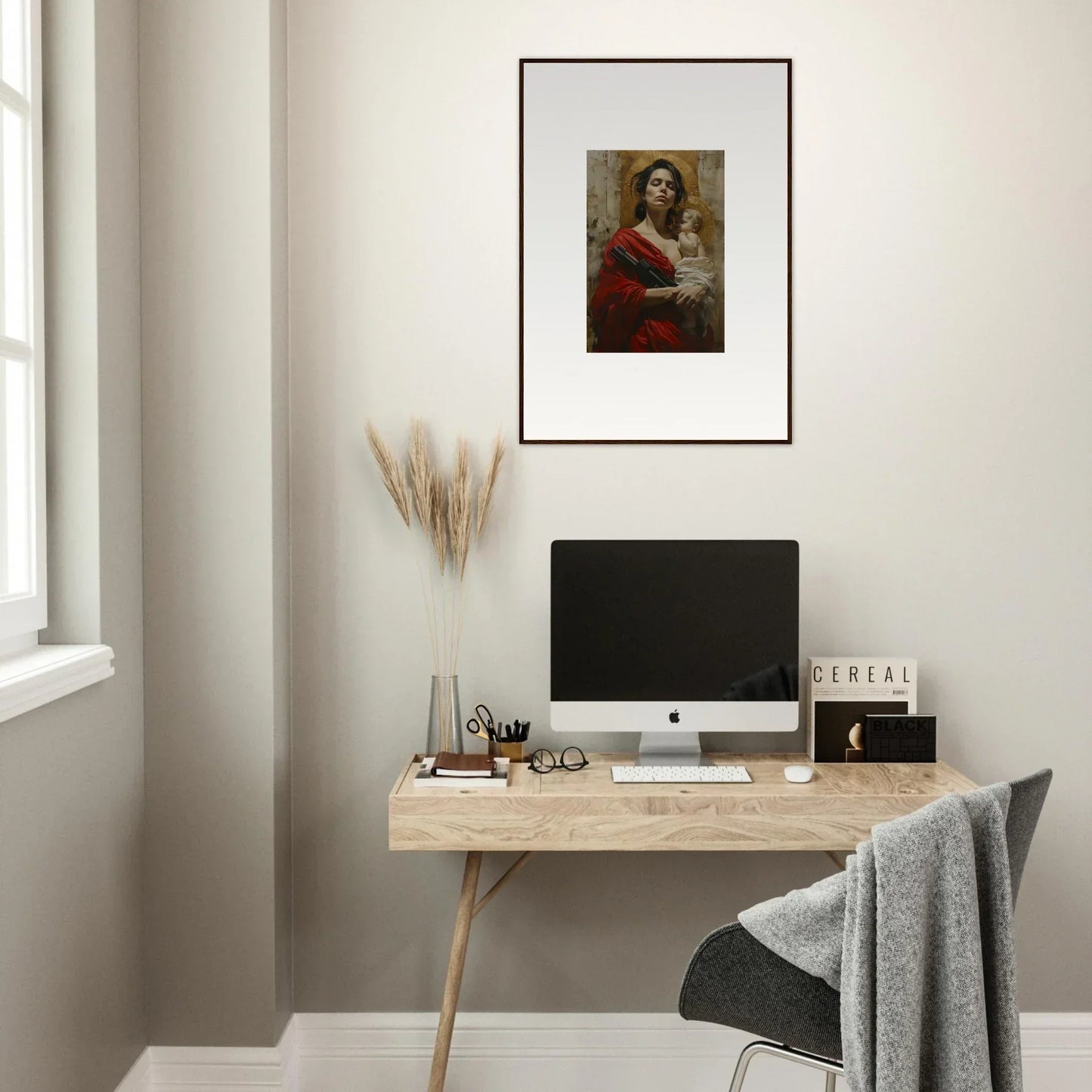 Minimalist wooden desk with computer monitor and office accessories for stylish room decor