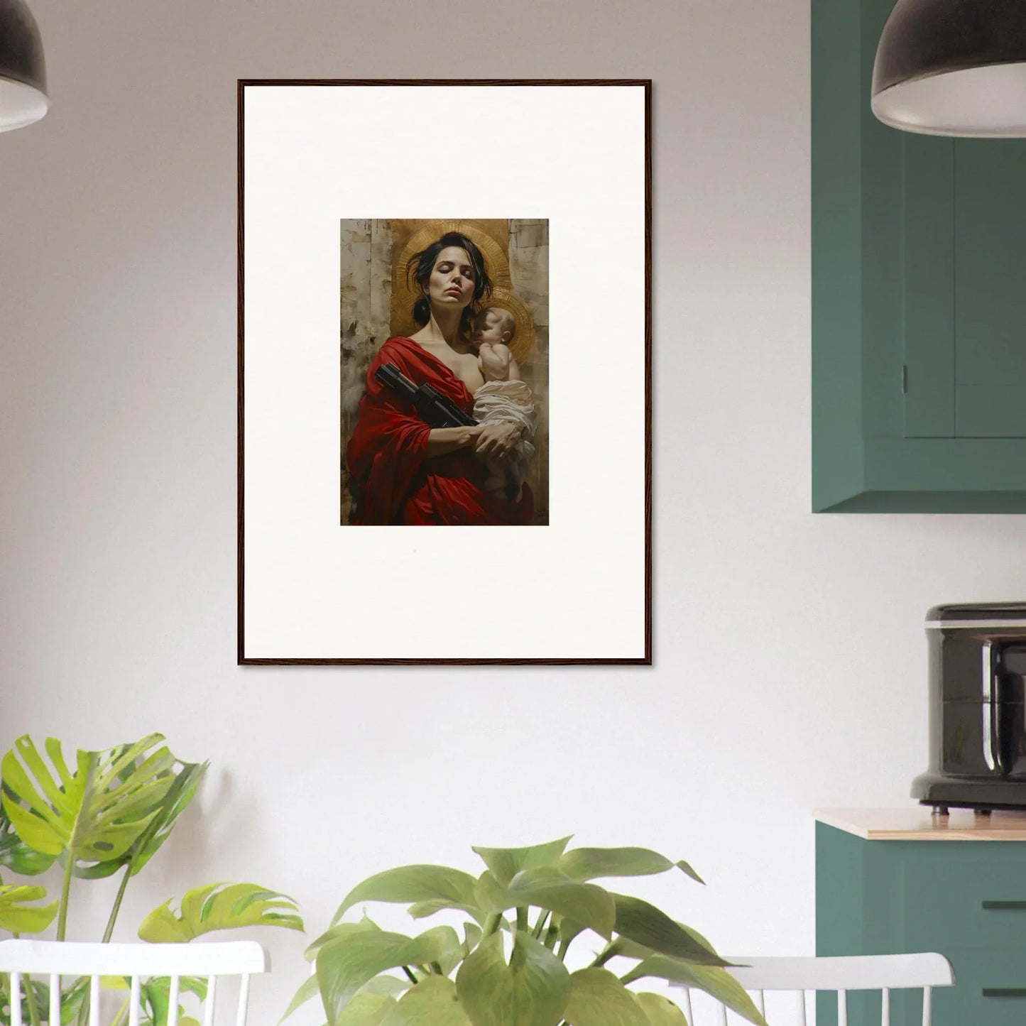 Framed wall art of a woman in red holding a child for elegant room decor