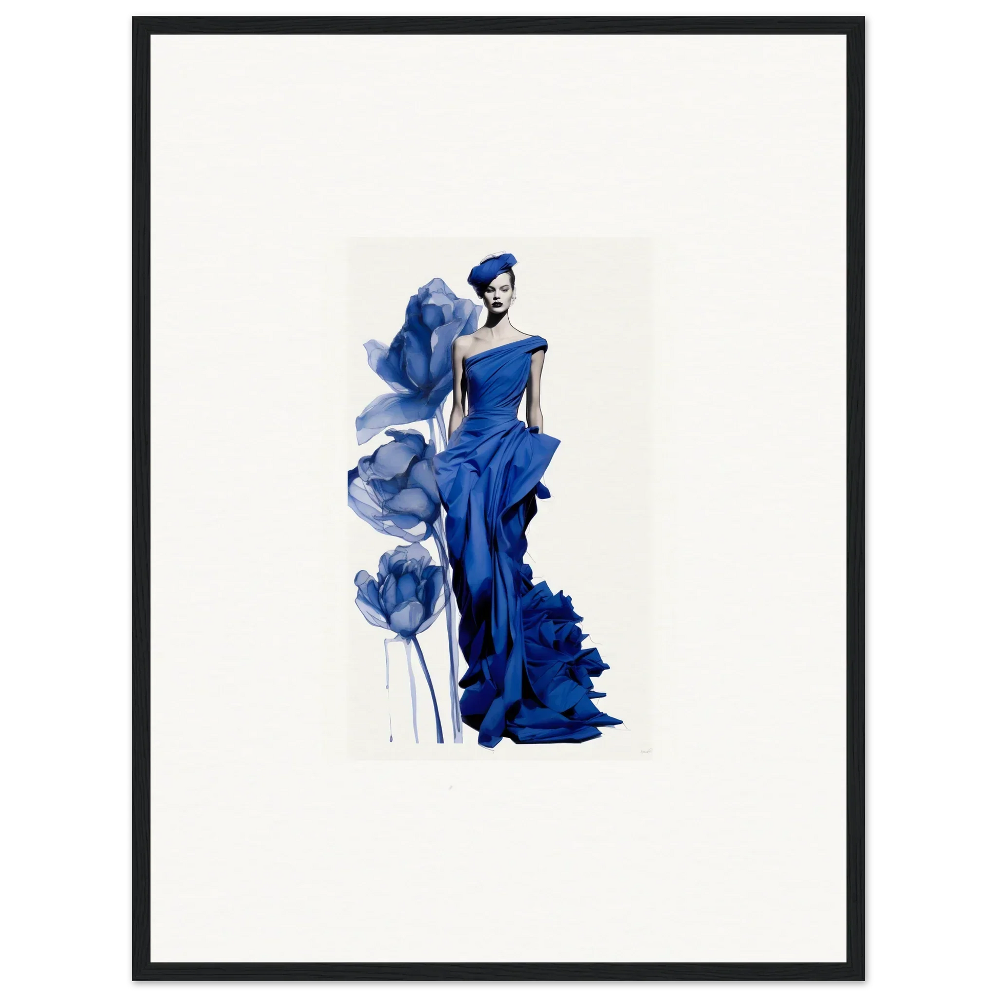 Elegant fashion illustration in blue watercolor for Half-Moon Elegies framed wall art