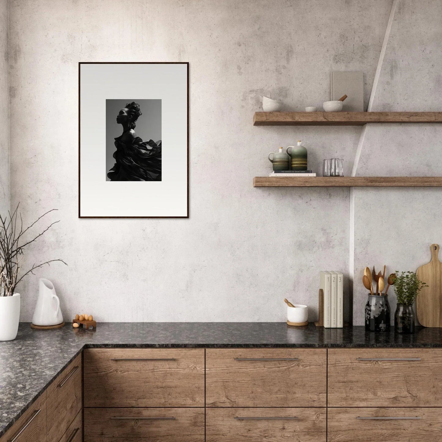 Modern kitchen with wooden cabinetry and framed wall art for tranquil eternity room decor